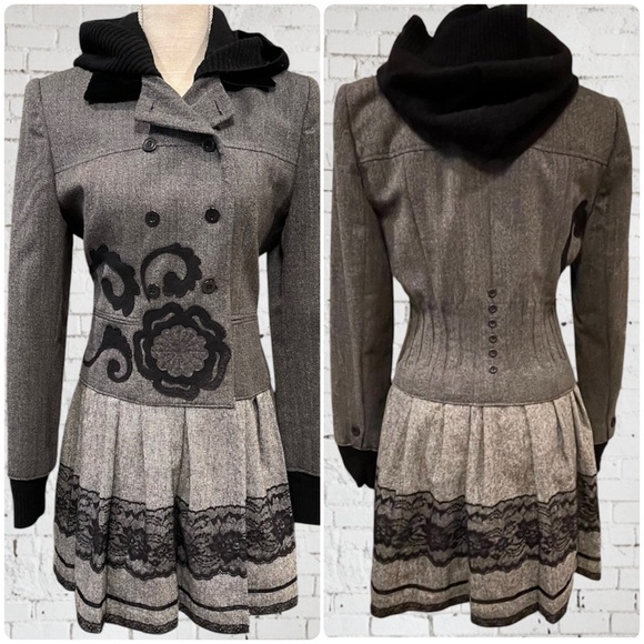 100% Wool Gray Black Lace with Hoodie Pleated Jacket Pea Coat Double Breasted - Picture 1 of 10